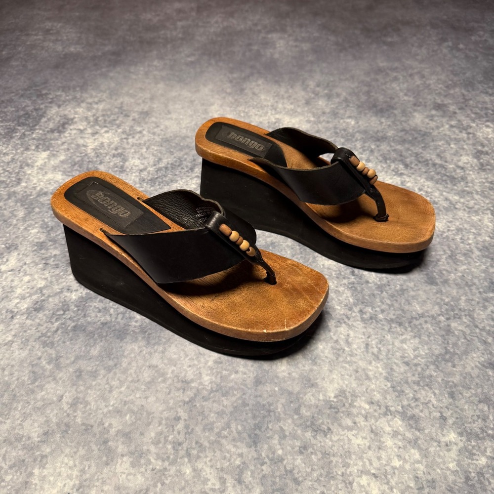 Vintage Y2K Bongo Wooden Platform Wedge Sandals Black Leather Beaded Brazil 8.5